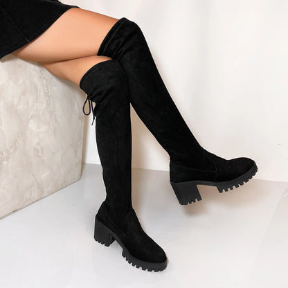 2025 Spring and Autumn Winter Over The Knee Boots Stretch Skinny Leg Long Tube Women's Boots Round Toe High Heel Plus Size.