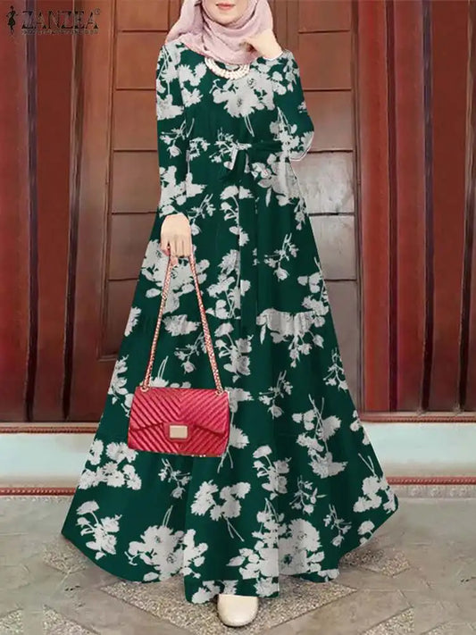 Zanzea Blumen druck böhmischen Maxi kleid Frauen Mode Langarm o Hals abgestufte Vestidos islamische muslimische Gürtel Abaya lange Roben