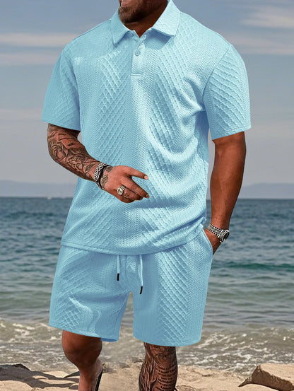 2025 Summer New Men's Casual Sportswear Polo Shirt With A Lapel, Men's Short-sleeved Shirt And Shorts, Jacquard Texture Suit.