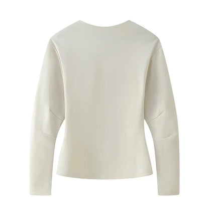 2025 Spring New Women's Two Piece Pant Set Fashion Long Sleeve O-neck Pleated Top Double-Sided Fabric Office Top Casual Pants.