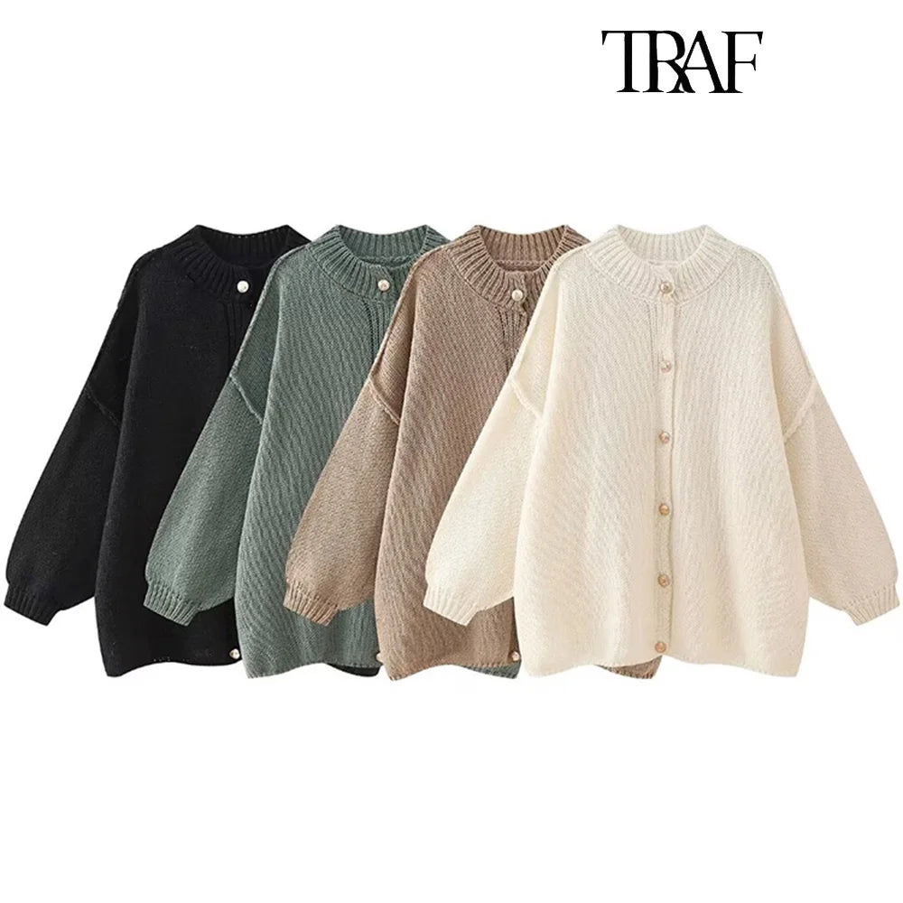 TRAF Women's Bat Sleeve Cardigan Sweater Temperament Lapel Metal Button Decoration Fashion Jacket Casual Commuter Women's Tops