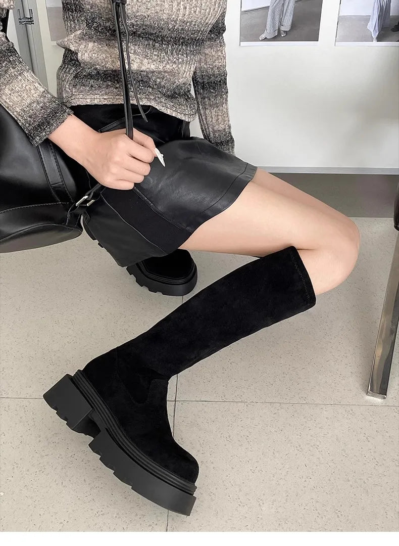 Winter Platform Punk Style Woman Knee High Boot Concise Slip On Elastic Slim Shoes Ladies Thick Bottom Knight Long Booties.
