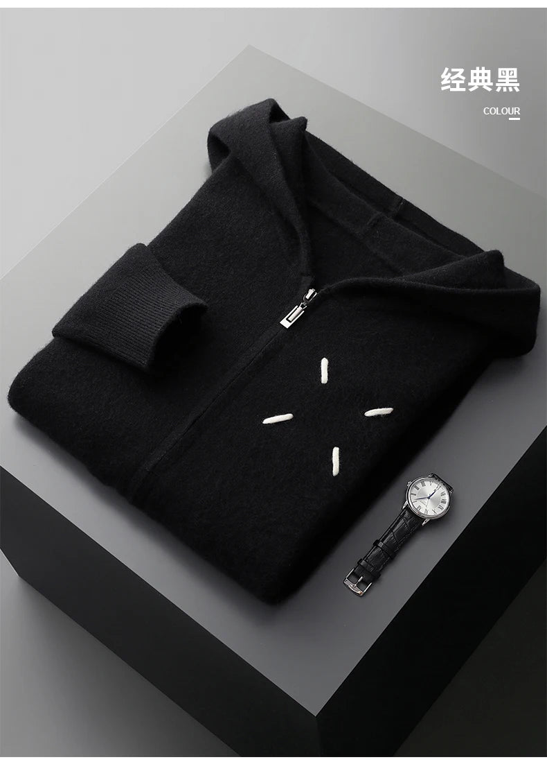 Men's 100% Cashmere Sweater Zipper Hooded Cardigan Warm Air Layer Thickened Jacket Jacquard Casual Knitted Wool Sweater