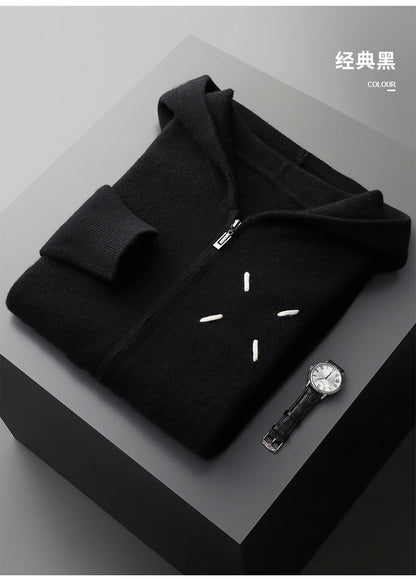 Men's 100% Cashmere Sweater Zipper Hooded Cardigan Warm Air Layer Thickened Jacket Jacquard Casual Knitted Wool Sweater