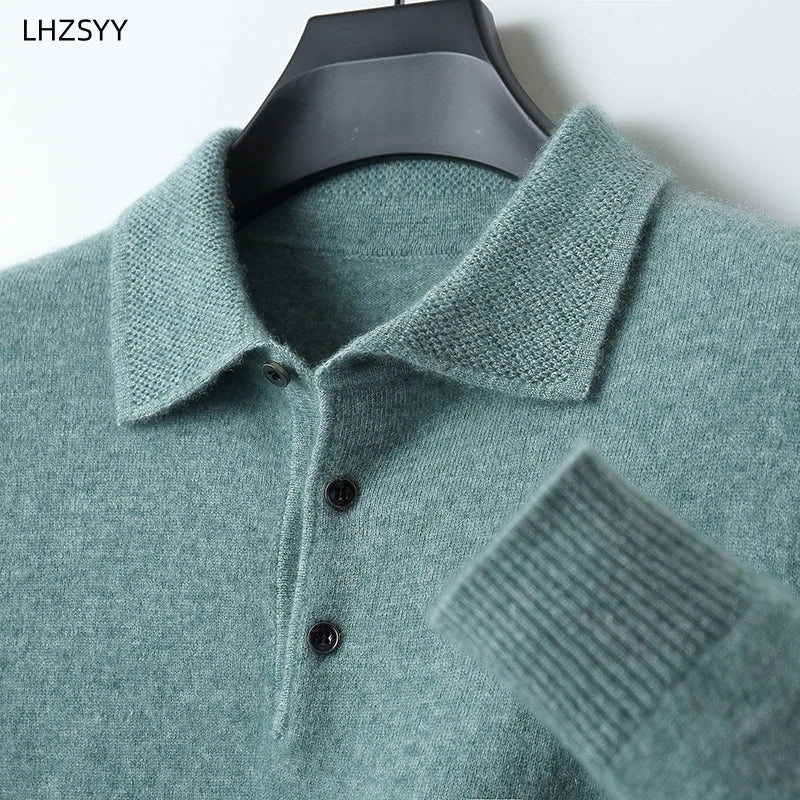LHZSYY 100%Merino Wool Hot Cardigans Men Lapel Pullover Long Sleeve POLO Neck Sweaters Loose Tops Knit Clothing Large Size Shirt.