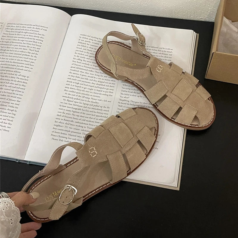 DIMANYU Women's Roman Sandals 2023 Summer New Flat Retro Real Leather Ladies Sandals Hollowed Women's Cage Shoes.