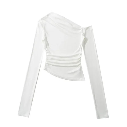 Slim Fit Long Sleeve T-Shirt Irregular Hem Slant Collar Pleated Pure Desirable Sexy Top for Women Fashionable Autumn New Style.