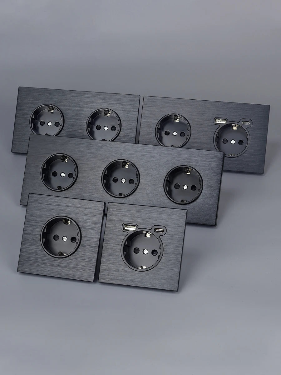 SRAN Eu-Steckdosen, 82/153/224 x 82 mm, schwarzes Panel aus Aluminiumlegierung, 16 A USB-Wandsteckdose Typ C, Heimbüro.