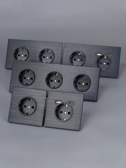SRAN Eu-Steckdosen, 82/153/224 x 82 mm, schwarzes Panel aus Aluminiumlegierung, 16 A USB-Wandsteckdose Typ C, Heimbüro.