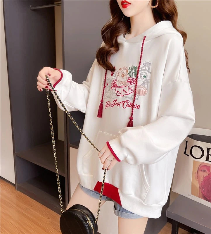 Embroidered Hoodies Sweatshirt for Women Chinese Style Cheap on Promotion Y 2k Vintage Coat Spring and Autumn Woman Hooded Tops.