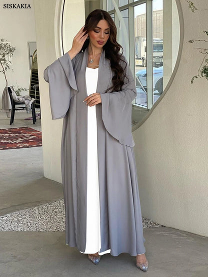 Siskakia Muslim Open Kimono Abaya For Moroccan Women Fashion Ruffle Sleeve Arab Dubai Clothing Jalabiyat Turkey Soft Gulf Robe.