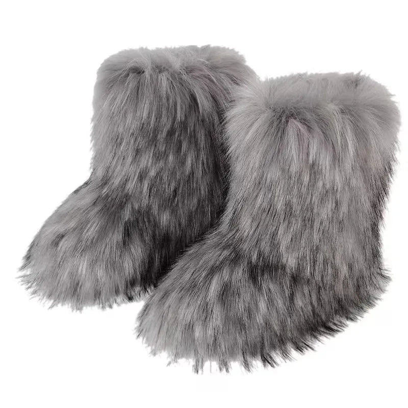 Y2K Fluffy Mid-calf Boots Winter Women Fashion Snow Boots Warm Cotton Shoes.