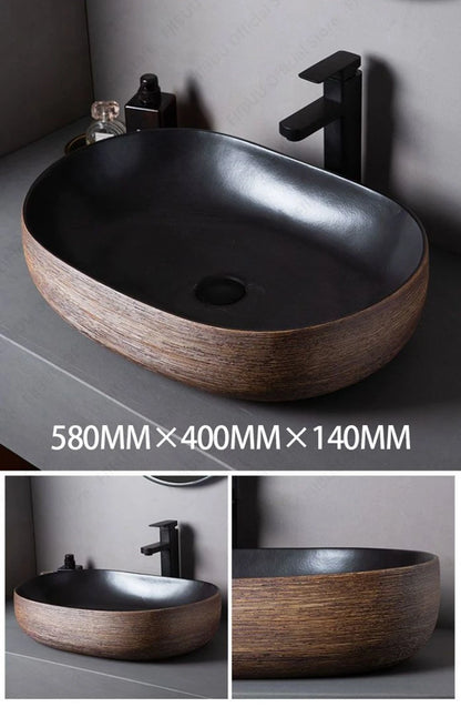 Braunes Porzellan-Keramik-Waschbecken über der Theke, Waschtisch, Schüsselbecken, Badezimmer, Sanitär, Balkon, Tisch, Waschbecken, Arbeitsplatte, ovales Waschbecken