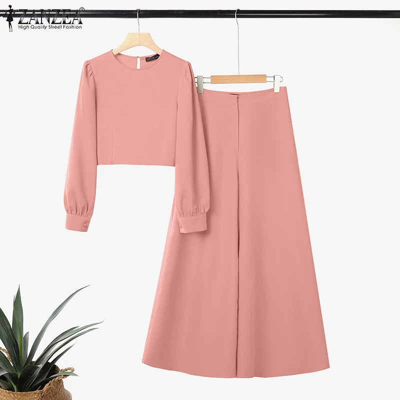 2025 ZANZEA Autumn Pant Sets 2PCS Women Outfits Long Sleeve Cropped Tops Wide Leg Trousers Solid Tracksuits Suit Matching Sets.