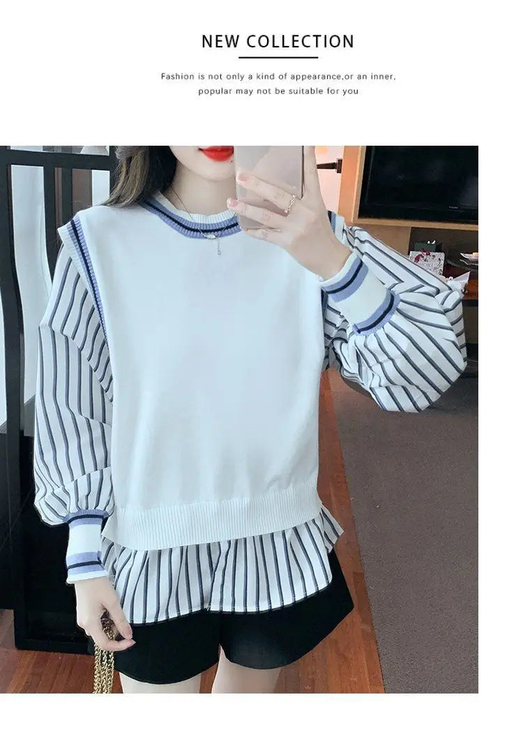 Autumn Preppy Style Patchwork O-neck Fake Two Pieces Top Tee Female Casual Striped Long Sleeve Sweatshirts Women Clothes Tshirt.