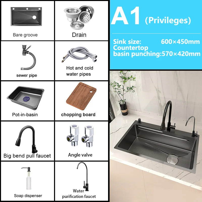 Stainless Steel Kitchen Sink Embossed Large Single-Slot With Kitchen Faucet Multifunctional Washbasin for Apartment