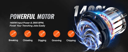 VEVOR Hochleistungs-Betonbrecher Abbruchhammer 1400 W, 19 J Schlagkraft Elektroabbruchhammer, Bohrhammer Betonhammer Stemmhammer 2900 BPM, inkl. Spitzmeißel, Flachmeißel, für Schiefer, Beton usw.