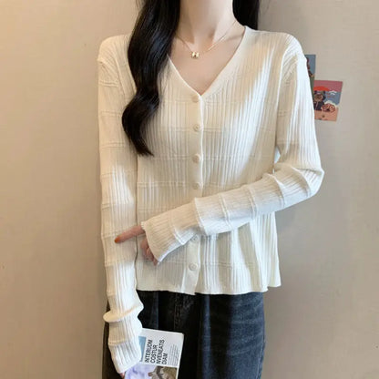 Women's Long-sleeved Button Cardigan Solid Color Casual Loose Fashion Top.