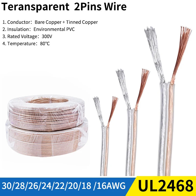 1/5/50M Electrical Wire 2 Pins Transparent Cable 30AWG - 16AWG UL2468 PVC Speakers Audio Headphone LED Strip Lamp Extension Cord.