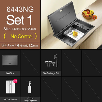 Nanometer Black Hidden kitchen Sink SUS 304 Stainless Steel 4mm Thickness Flip Cover Hidden Handmade kitchen Sinks
