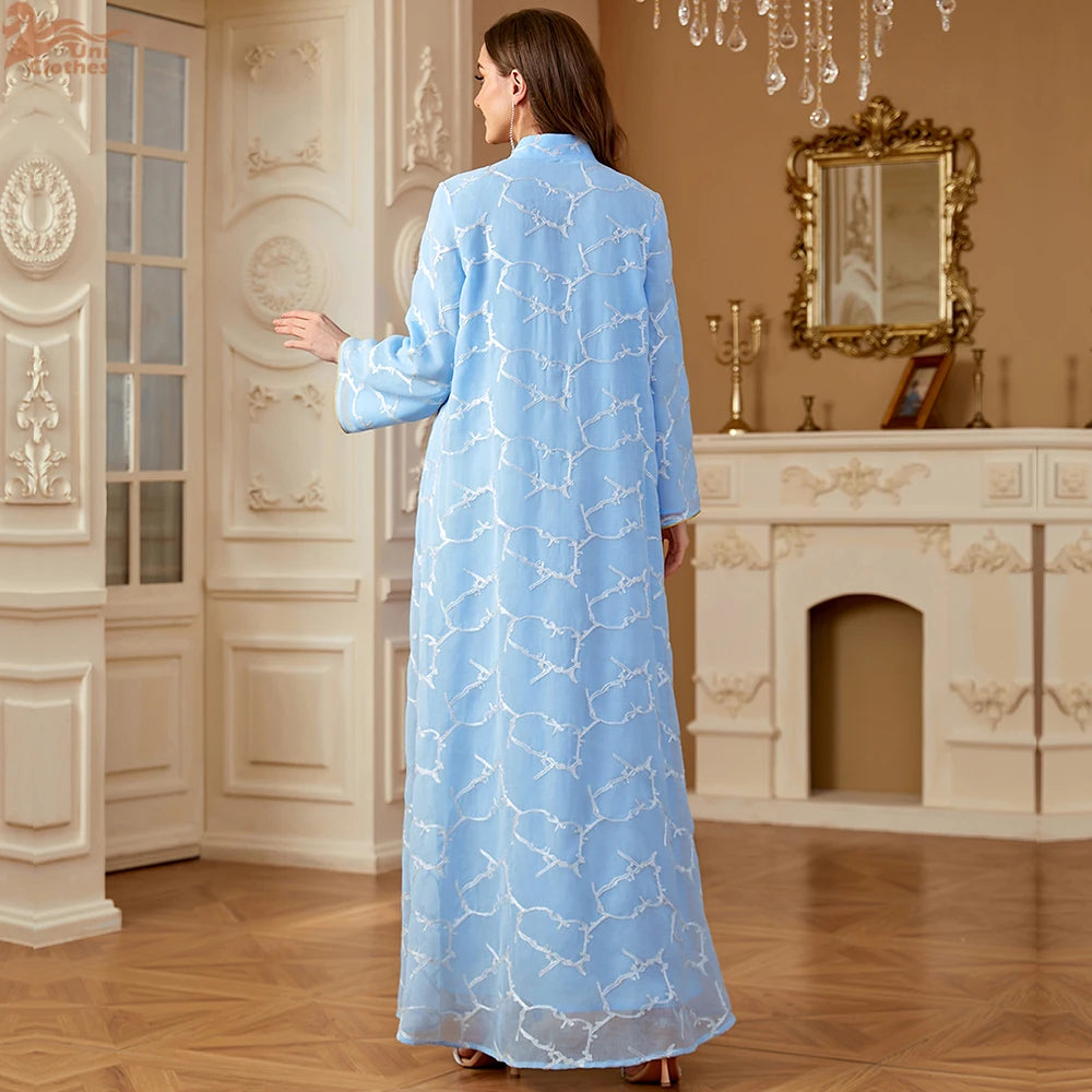 Uni Ramadan Dubai Woman’s Abayas Embroidered Sequin Floral Patter V-Neck Elegant Casual Kebaya Muslim Moroccan Long Dress.