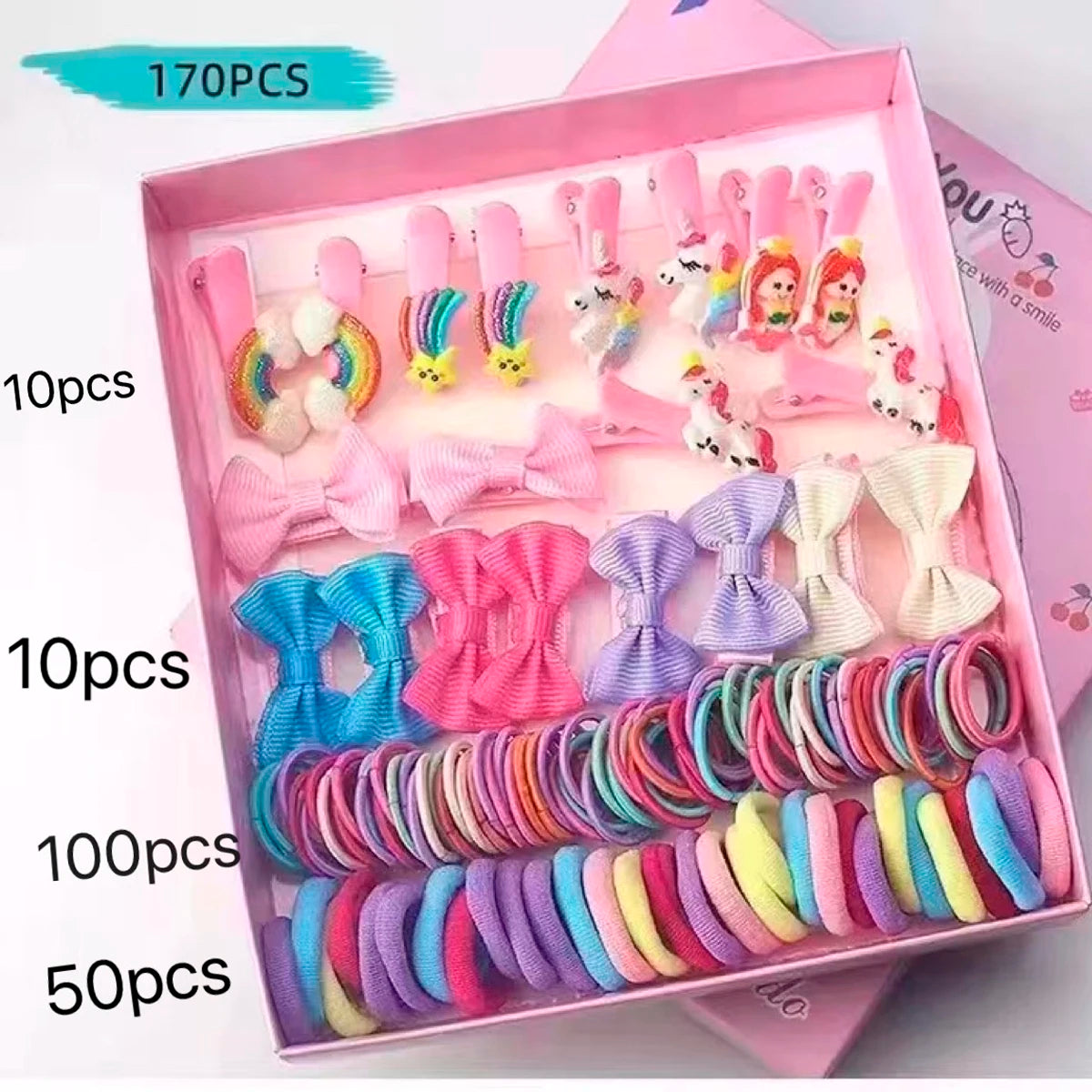170pcs Children's Accessories Hair Clip Hair Card Princess Hair Rope Gift Box Side Clip Hair Accessories Combination Set.