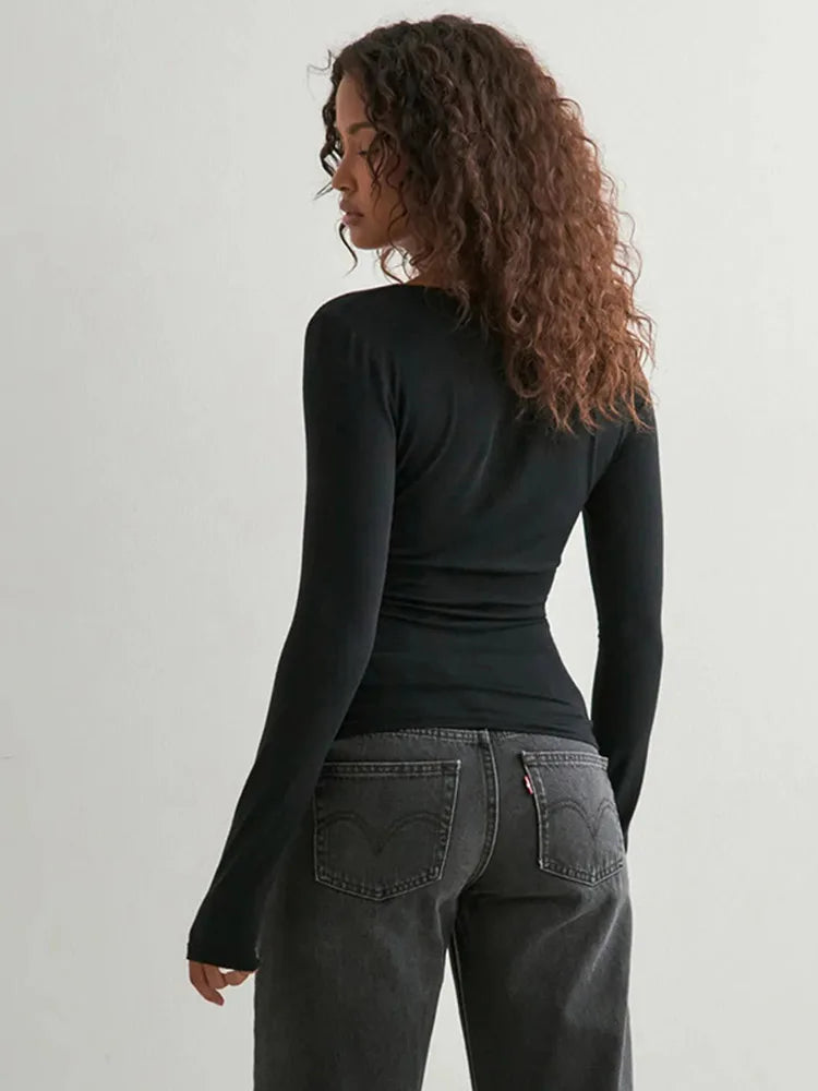 Sexy Solid Color V-neck Long Sleeved T-shirt Top Waist Cinching 2025 Trendy Casual Top for Women.