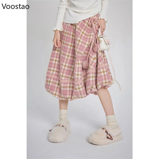 Pink Plaid Vintage Skirt Autumn Winter Women Preppy Style Chic Plush Ball Elegant Midi Skirt Korean Female Y2k A-Line Skirts.