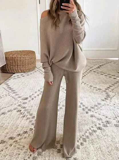 New Women's 2pcs Clothes Set Solid Color Round Neck Long Sleeve Casual Top & Loose Wide Leg Pants Home Wear.