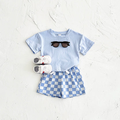 Ins Sommer Neugeborenen Jungen Mädchen Kleidung Baby Set Solide Kurzarm T-shirt + Schachbrett Shorts Baumwolle Casual 2PCS 0-3Y