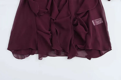 Women Fashion With Ruffles Semi-sheer Blouses V Neck Long Sleeve Button-up Female Shirts Chic Tops.