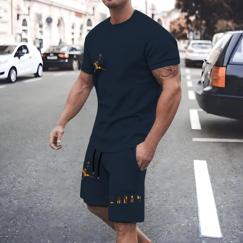 New men's fashionable casual clothing summer sports round neck short-sleeved T-shirt and drawstring shorts breathable suit.