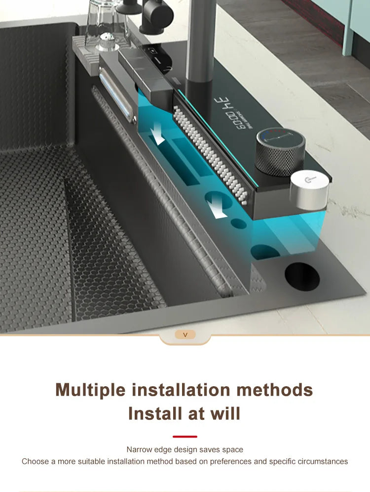 Edelstahl-Küchenspüle mit Wasserfall-Wasserhahn, integrierte Digitalanzeige, geprägtes Waschbecken für die Küche
