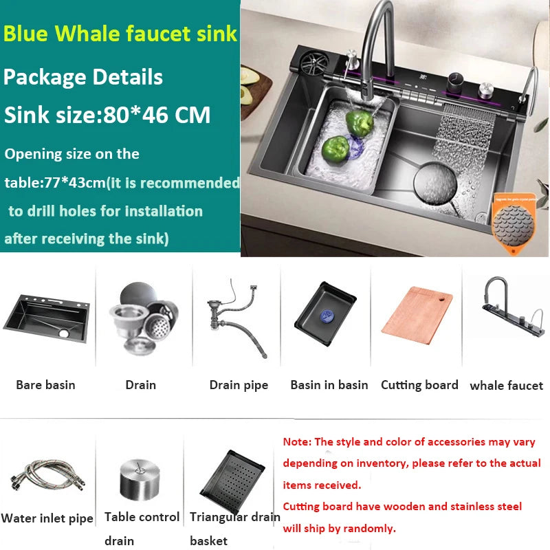 Blue Whale Arowana Multifunctional Kitchen Sink Single Bowl Nano Black Honeycomb LED Digital Display Stainless Steel for Home