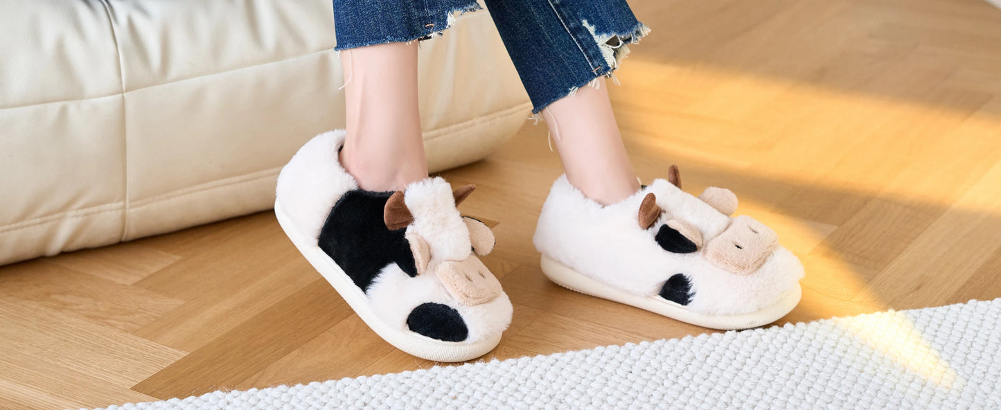 Shevalues Plush Cartoon Milk Cow Slippers Winter Women Slippers Furry Non-Slips Women Cotton Slides Couples Soft Cozy Flat Shoes.