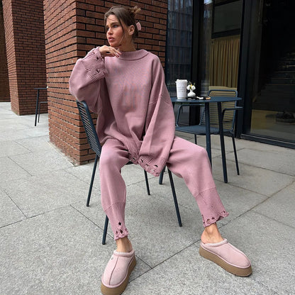 Two Piece Ripped Set Women Knit Tracksuits O Neck Long Sleeve Casual Baggy Sweatshirts+ Joggers Pants Outfits 2025 Fall Winter