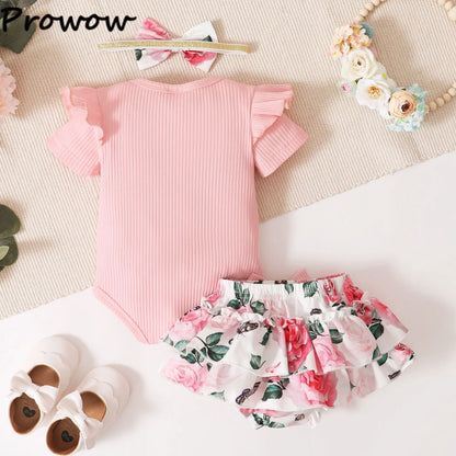 Prowow Günstige Preis Kleidung Baby Mädchen Outfits Set Niedlichen Elefanten Body und Hosenträger Kleid 3 stücke Neugeborene Geburt Set Kleidung.