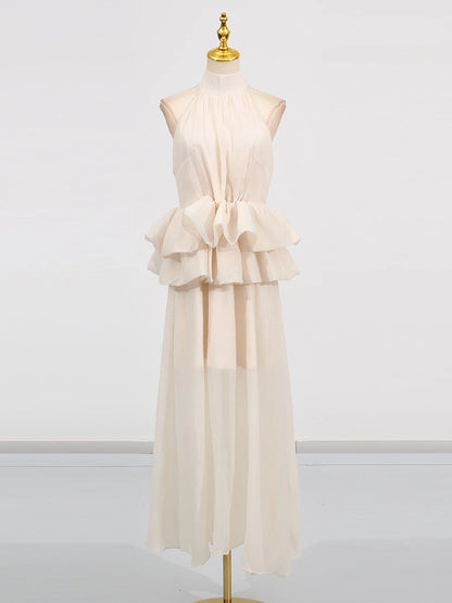 VGH Solide Abend Gespleißt Rüschen Maxi Kleider für Frauen High Neck Ärmellose Tunika Temperament Zeremonie Kleid Weibliche Kleidung