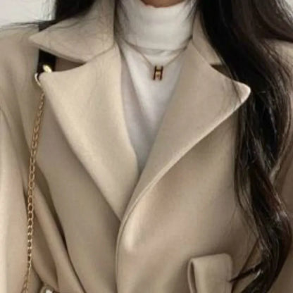 Frauen Solide Wolle Mischung Mantel Slim Fit Gürtel Mäntel Weibliche Warme Baumwolle Dicker V-ausschnitt Büro Dame Elegante Trendy Taste Outwear ins