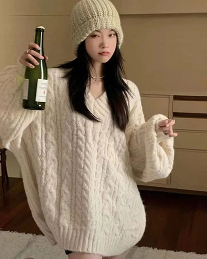 Herbst Winter Frauen Pullover Harajuku Übergroßen Gestrickte Pullover Koreanische Langarm V-ausschnitt Strickwaren Preppy Solide Lose Jumper