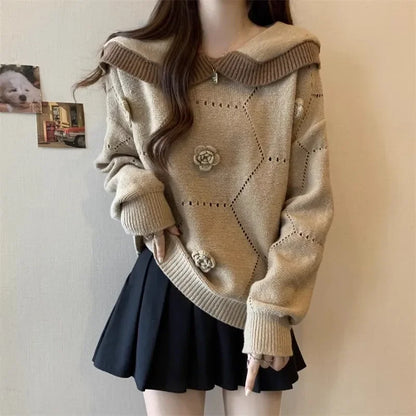 2025 French Gentle Style Soft Glutinous Doll Collar Sweater for Women in Autumn Winter Loose Slim Versatile Pullover Style.