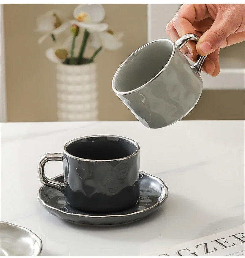 230ml European Style Coffee Cup with Saucer and spoon Ceramic mug Solid Color Tea Cup and Saucer Set Afternoon Tea Milk Cup.
