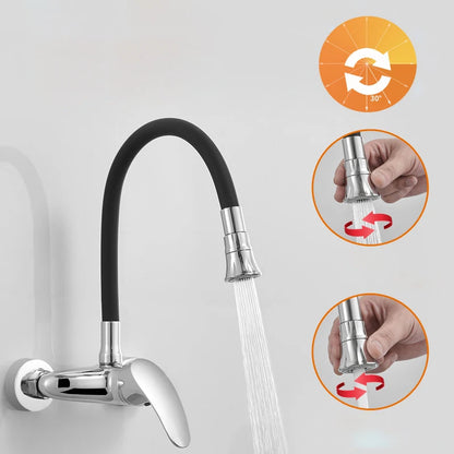 LANGYO Hot and cold wall faucet Kitchen sink mixer Double hole faucet Universal rotation Copper faucet Basin Wash hand basin tap