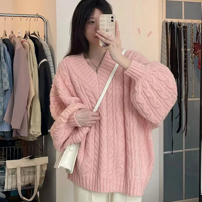 Herbst Winter Frauen Pullover Harajuku Übergroßen Gestrickte Pullover Koreanische Langarm V-ausschnitt Strickwaren Preppy Solide Lose Jumper