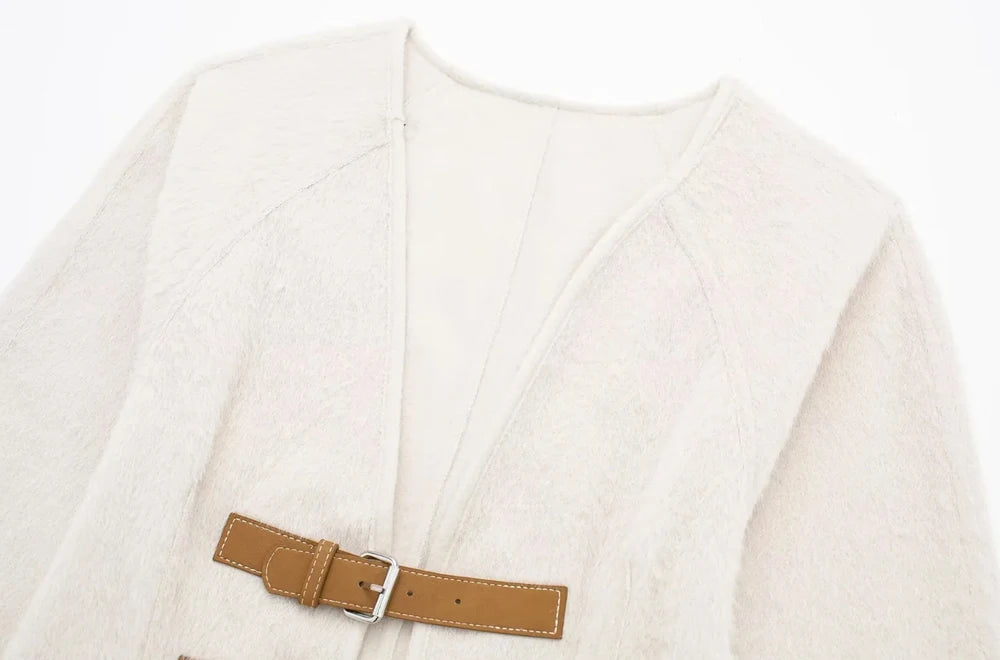 Women Fashion With Belt Woolen Jacket Coat V Neck Long Sleeve Female Outerwear Chic Tops.