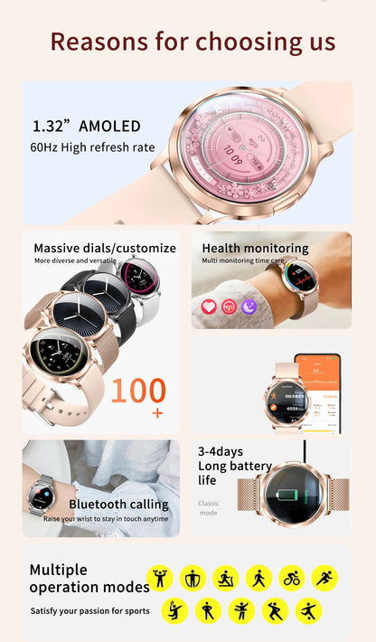 New Women Smart Watch 1.32"Ultra-thin AMOLED HD Screen Sport Fitness Bracelet Custom Watch Face Bluetooth Call Luxury Smartwatch.
