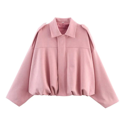 TRAFZA Damen-Jacke mit Wildleder-Textur, High Street, lange Ärmel, Umlegekragen, elastischer Reißverschluss, Knopfleiste, solider, trendiger Frühlingsmantel