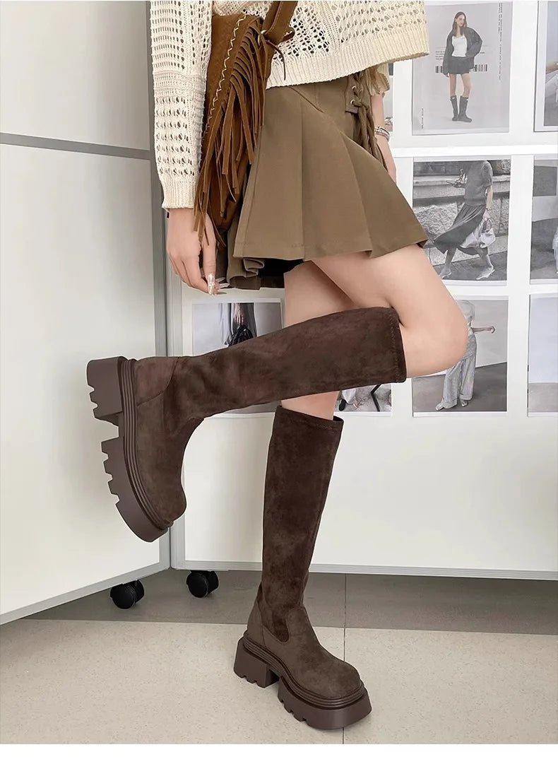 Winter Platform Punk Style Woman Knee High Boot Concise Slip On Elastic Slim Shoes Ladies Thick Bottom Knight Long Booties.