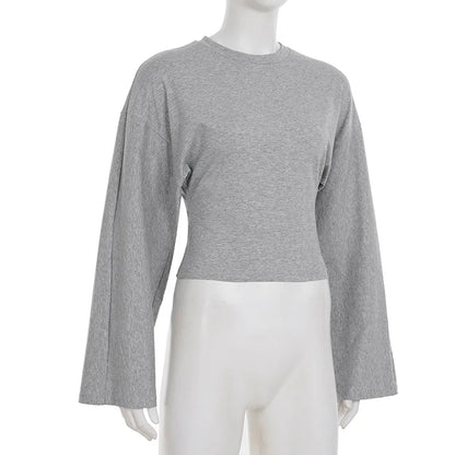 Trendix Basic Long Sleeve Crop Tops Women Summer O Neck Loose Casual Solid Pullover Top Ladies Street Party Club Fashion T Shirt.