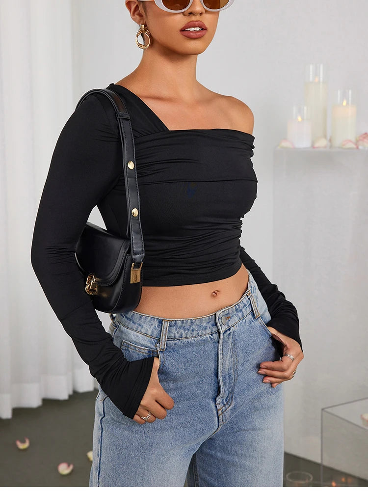 NewAsia Sexy Tight One Shoulder Top Long Sleeve Double Layer Crinkle Texture Asymmetrical Party Chic Blouse Women Fashion Tops.